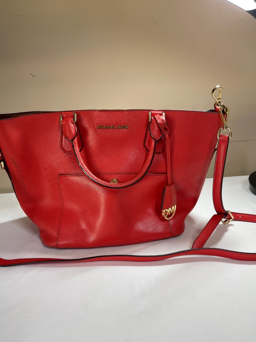 Michael Kors Red Leather Tote with Detachable Strap and Gold Hardware